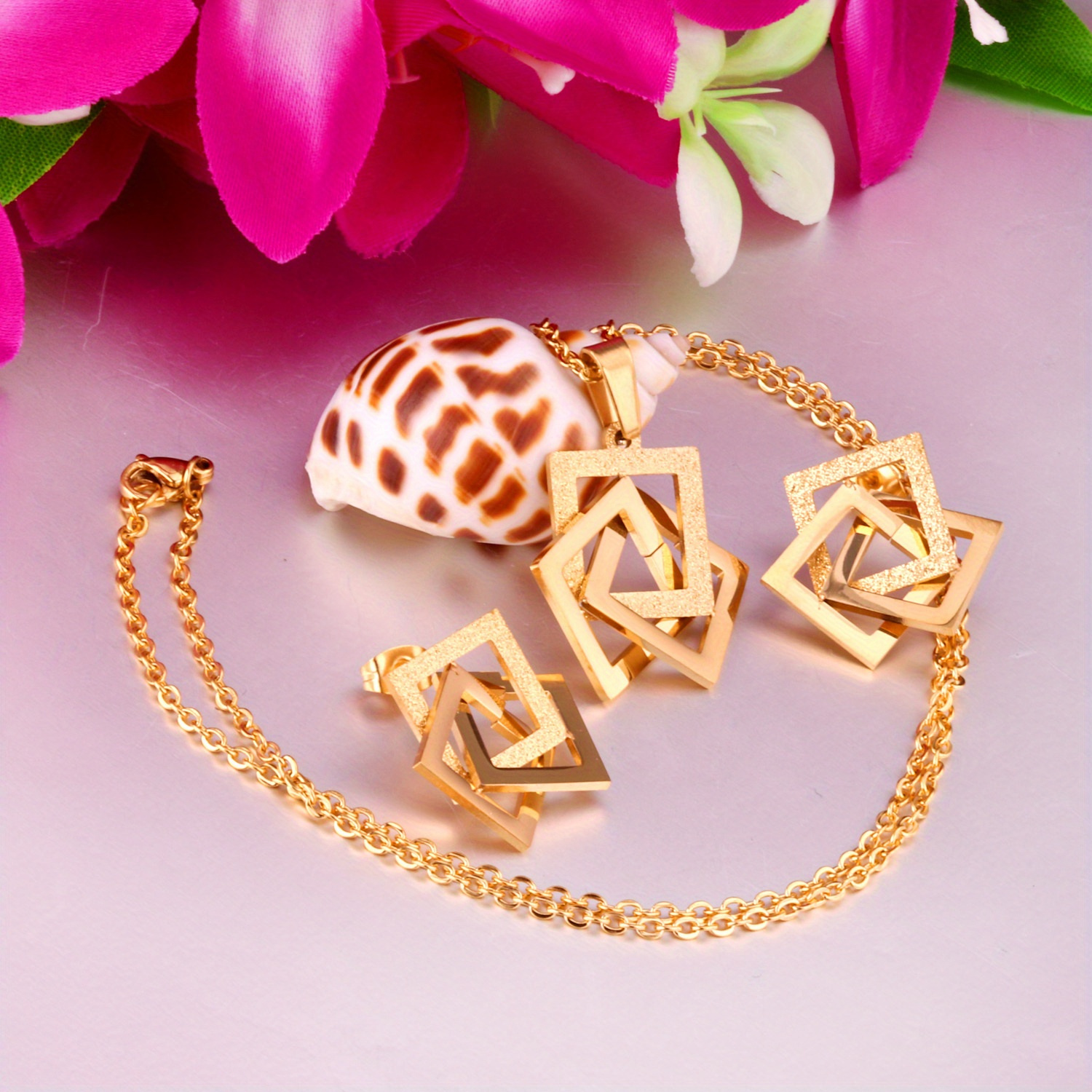3pcs Set Square Necklaces and Stainless Steel Earrings for Everyday Wear